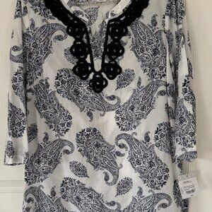 Liz Claiborne Blue & White Paisley Cotton Crochet Tunic NWT SMALL